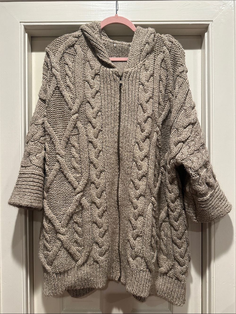 Zara Taupe Cable-Knit Hooded Zip Cardigan